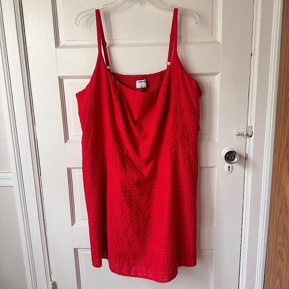 Old Navy Babydoll Mini Dress Embroidered Red Lace Eyelet Smocked Pockets Stretch - Picture 12 of 16